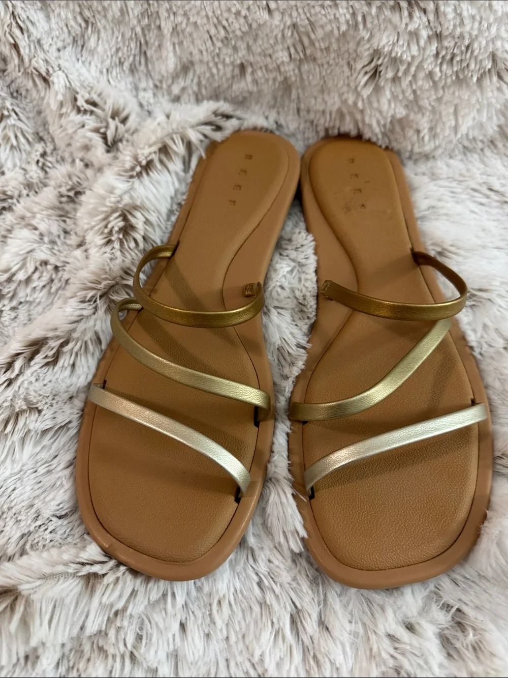 Reef Women’s Metallic Gold and Tan Multi-Strap Slide Sandals